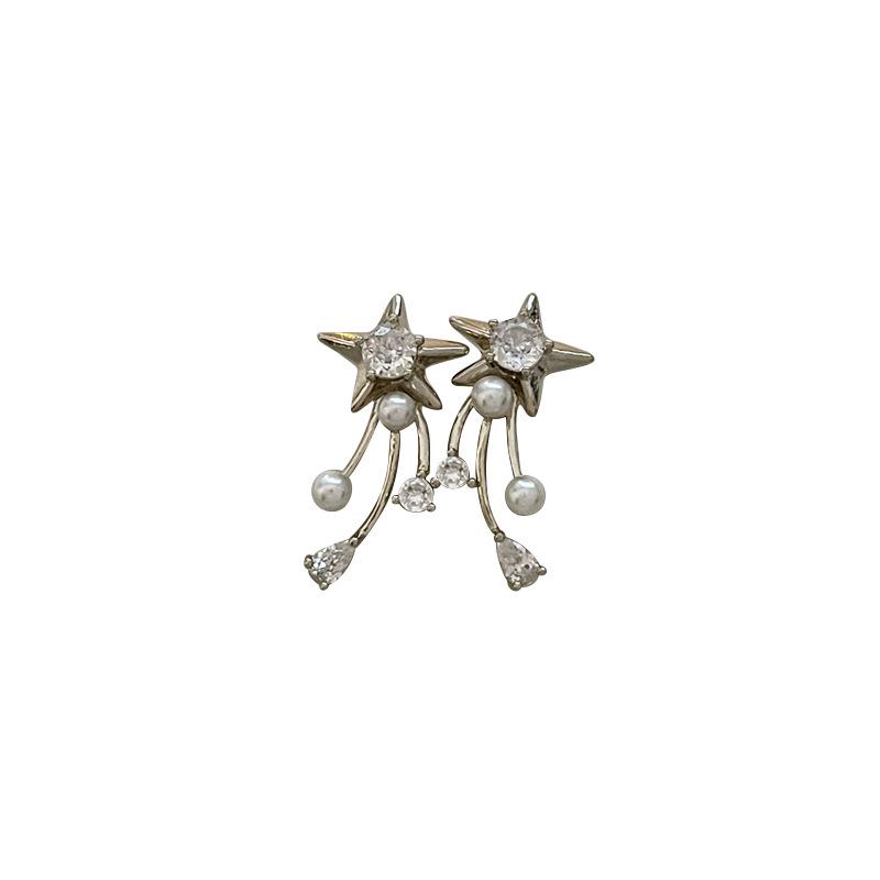 French Gold Zircon Pearl Star Earrings: Exquisite, High-End, Fashionable, Versatile Jewelry