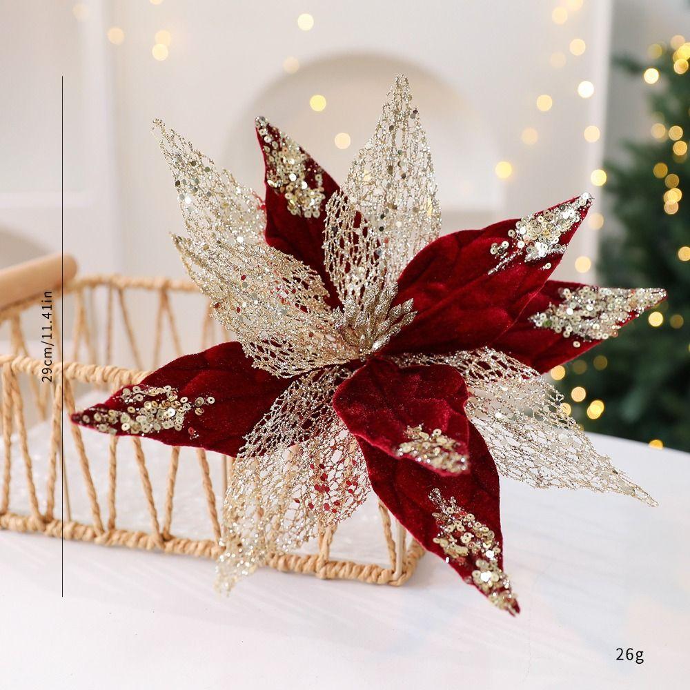 Flannel Fabric Christmas Artificial Flowers Plastic Glitter Poinsettia  Christmas Decor