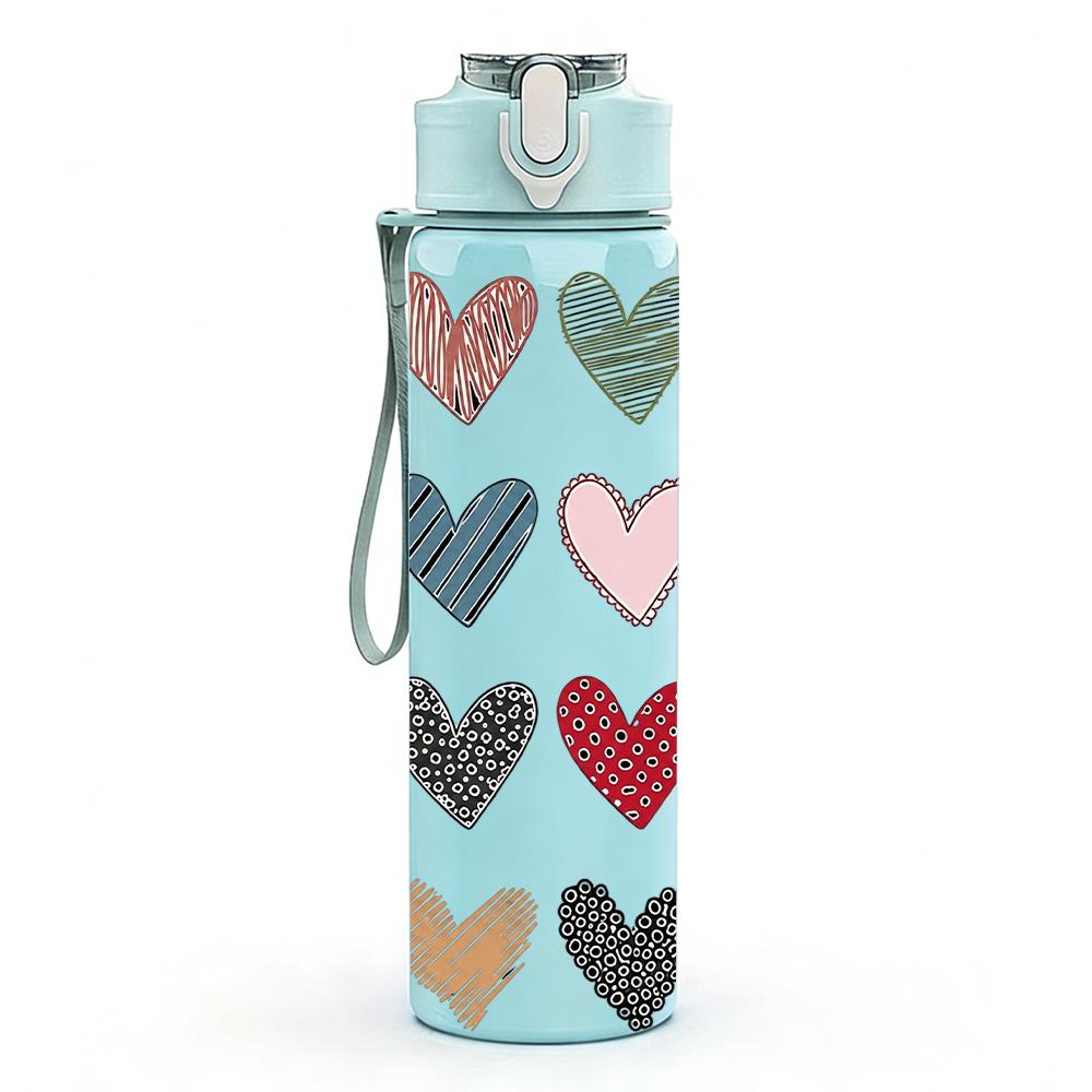 1PC Multi Pattern Heart Grid Layout 750ml Color Plastic Sports Water Bottle Leakproof Flip Straw Lid Suitable for Sports Office Home Use