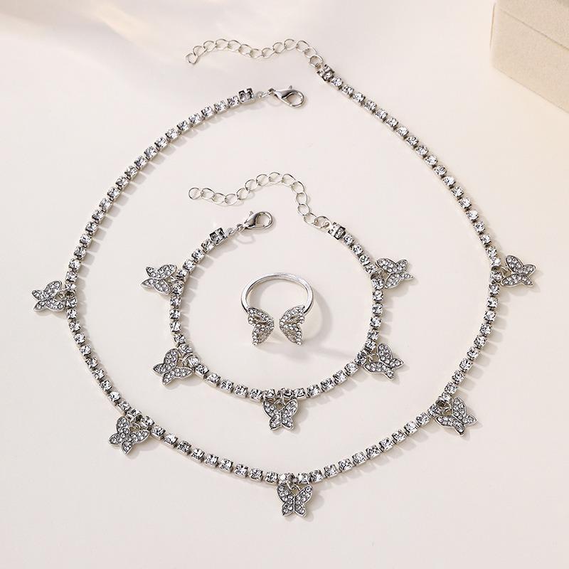 Jewelry Set Alloy Butterfly Pendant Necklace Diamond Bracelet Ring Female