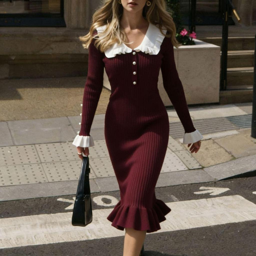 2023 Retro Woolen Ruffle Knitted Dress: European and American French Style for Autumn and Winter