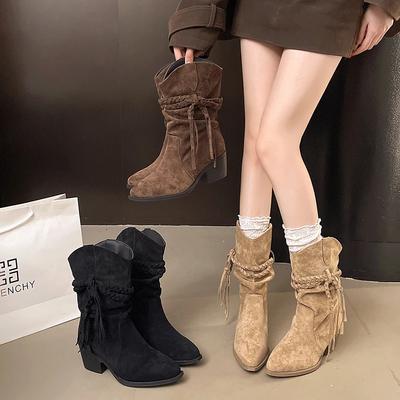 Moda Novo Estilo Primavera e Outono Feminino Luxo Retro Estilo Moda Botas de Moda Salto Grosso Cano Longo Slim Empilhadas Botas de Cano Médio
