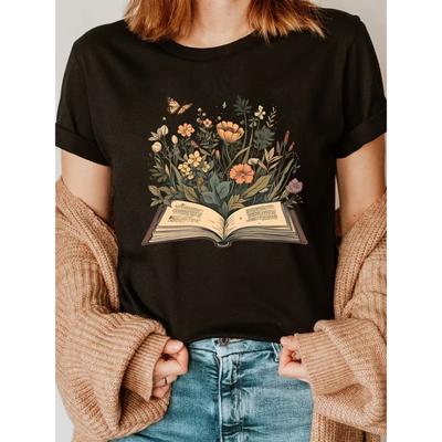 Book Lover Print Crew Neck T-shirt, Short Sleeve Casual Top for Summer & Spring, Women's Clothing