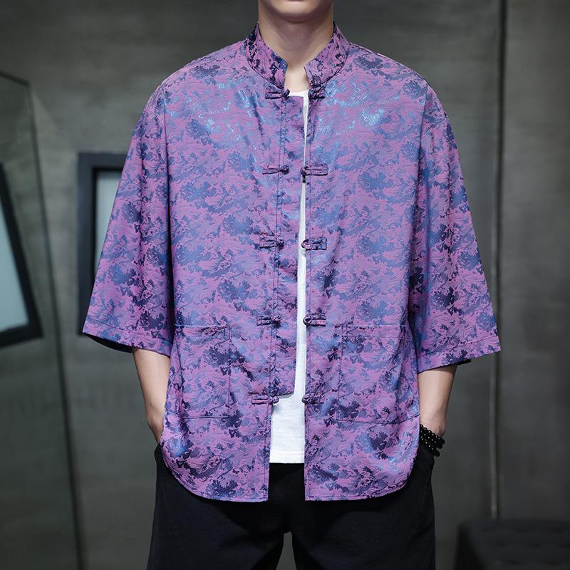 Chinese style ice silk seven-quarter-sleeved shirt men's Tang suit buckle Hanfu large size printed short-sleeved shirt ethnic style