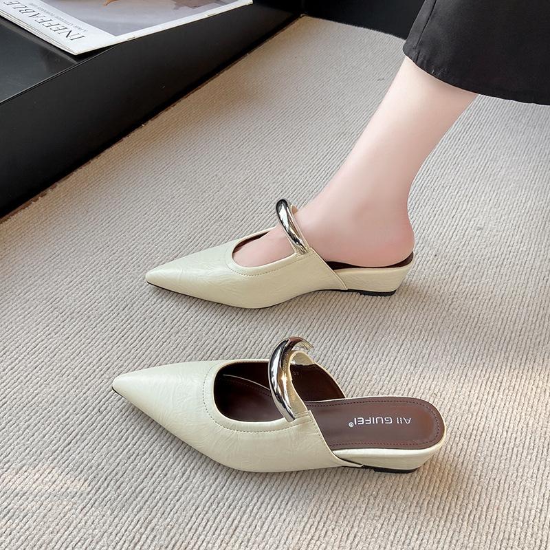 Soft Sole Heightened Metal Buckle French Bag Head Half Slippers Women's Summer Wear 2025 Slope Heel Pointed Muller Shoes Sandals Tide
