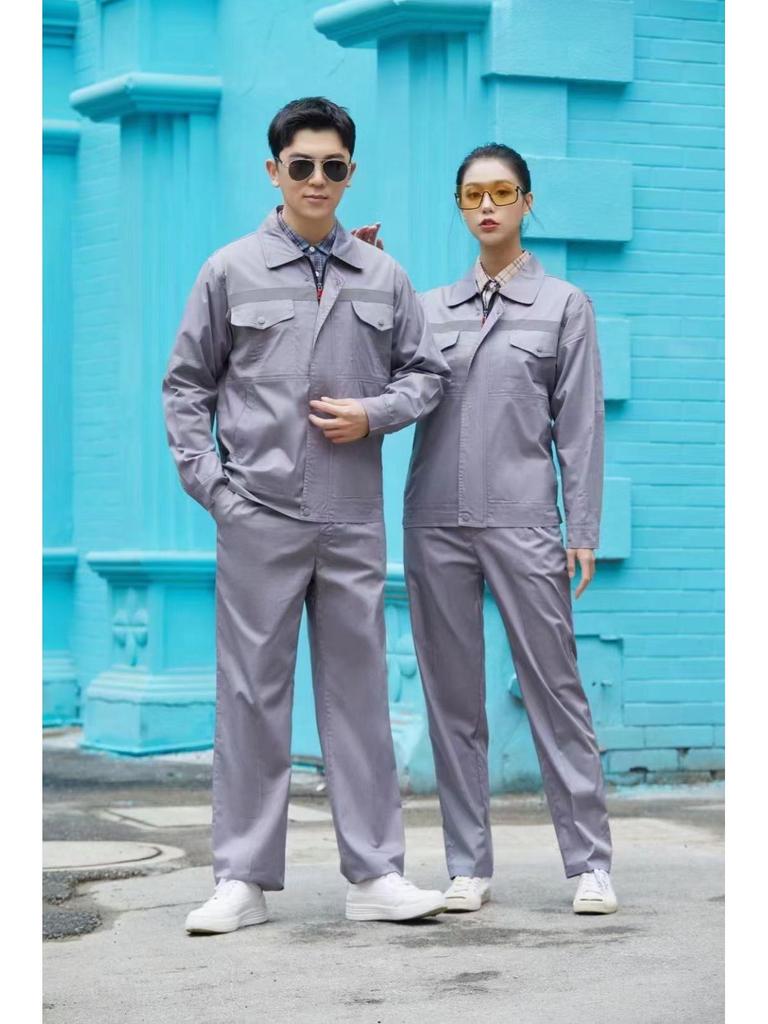 Summer Lightweight Polyester Cotton Reflective Workwear Set - Long Sleeve Protective Clothing for Construction and Workshop Use.
