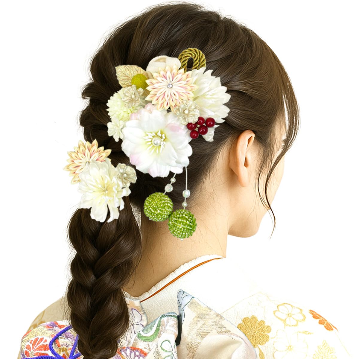 

hair accessory set for furisode and 3-piece (long-sleeved kimono) coming-of-age ceremonies, kk-057, white, tsumami-zaiku (flower)