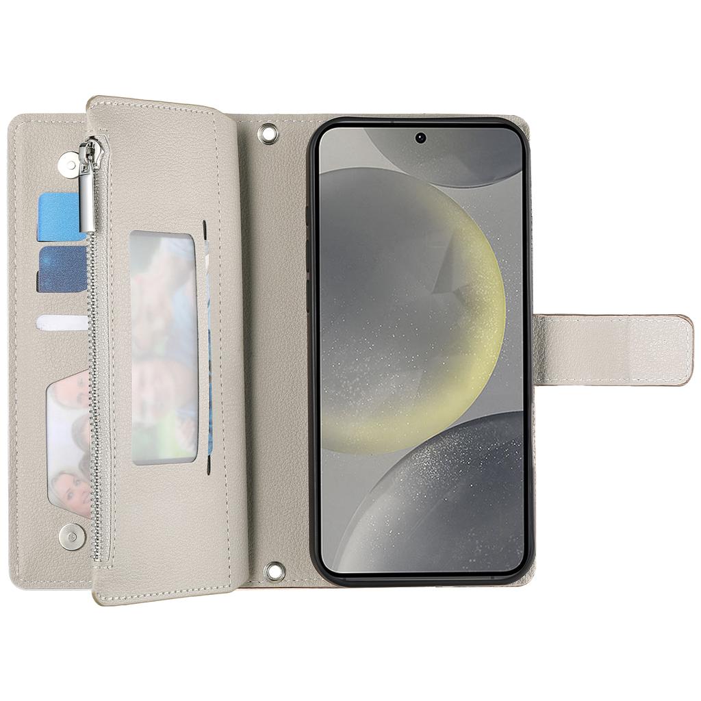 Pro pouzdro Samsung Galaxy S25 FE Kožená vyklápěcí peněženka na zip s barevným prošíváním a popruhy