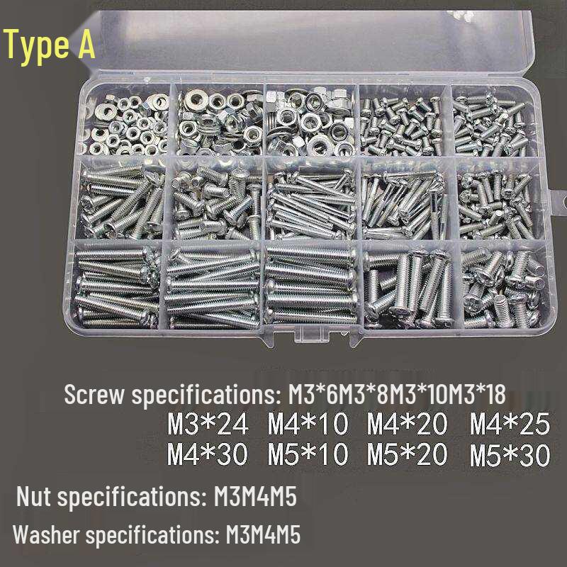 Round Head Phillips Machine Screws & Nuts Set with Flat Washers – Multi-Size Household DIY Box with Complete Specifications