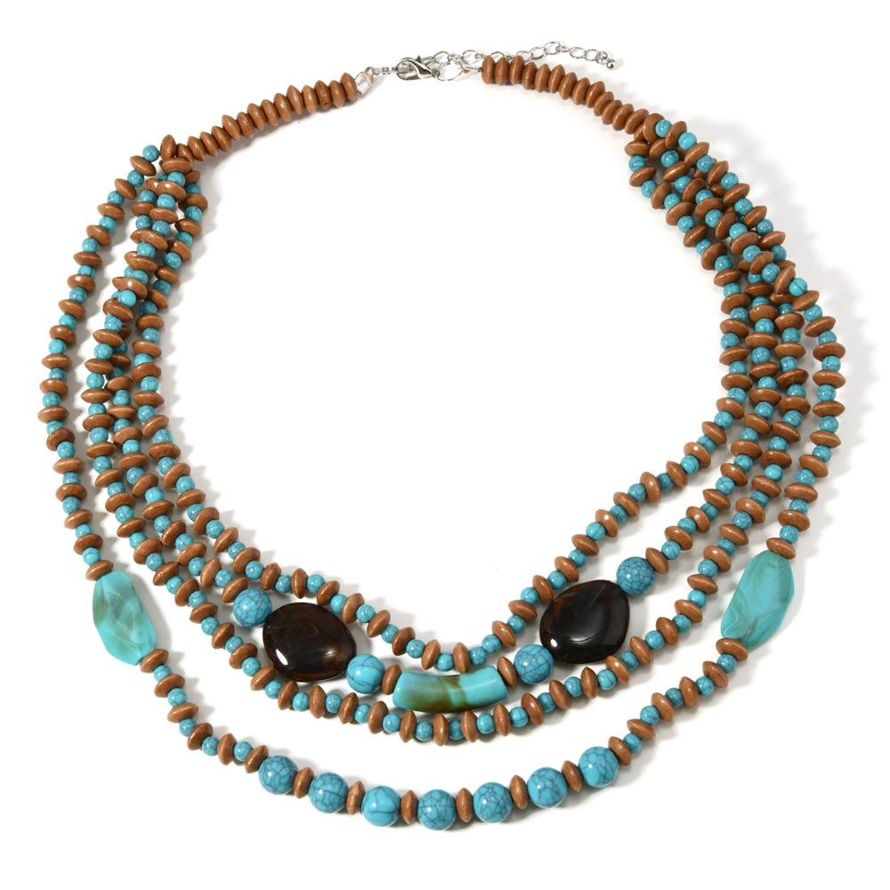 Bohemian Retro Wooden Beads Imitation Turquoise Multi-layer Necklace Sweater Chain