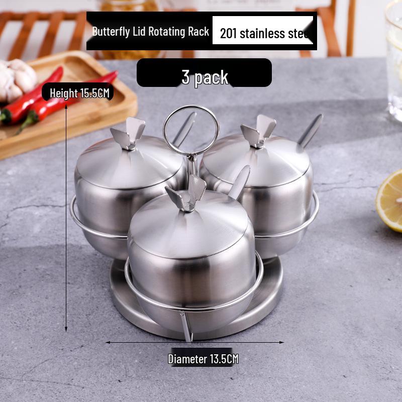 Gold Korean-Style Seasoning Jars, 201 Stainless Steel with Glass Lids On Tray, for Restaurant Use.