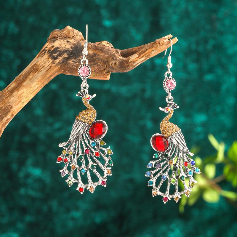Vintage Ethnic Colroful Rhinestone Peacock Dangle Earrings For Women Long Classic Silver Color Animal Earrings Female Jewelry