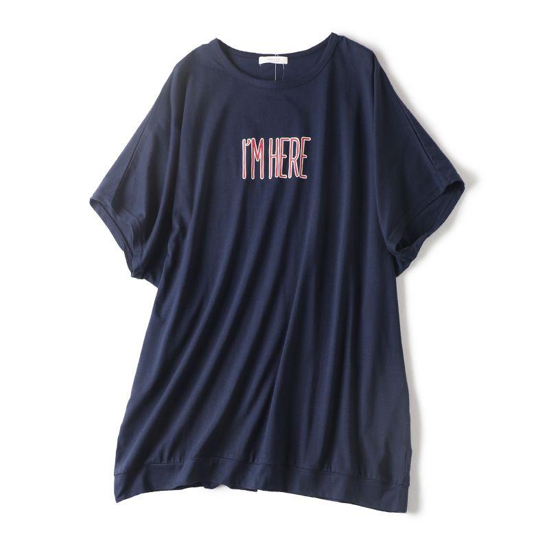 

Single round Neck Pullover Letter Batwing Sleeve Wide Large Version Lazy Style Short Sleeve Pure Cotton T-shirt Mid Length Long Length Female Summer