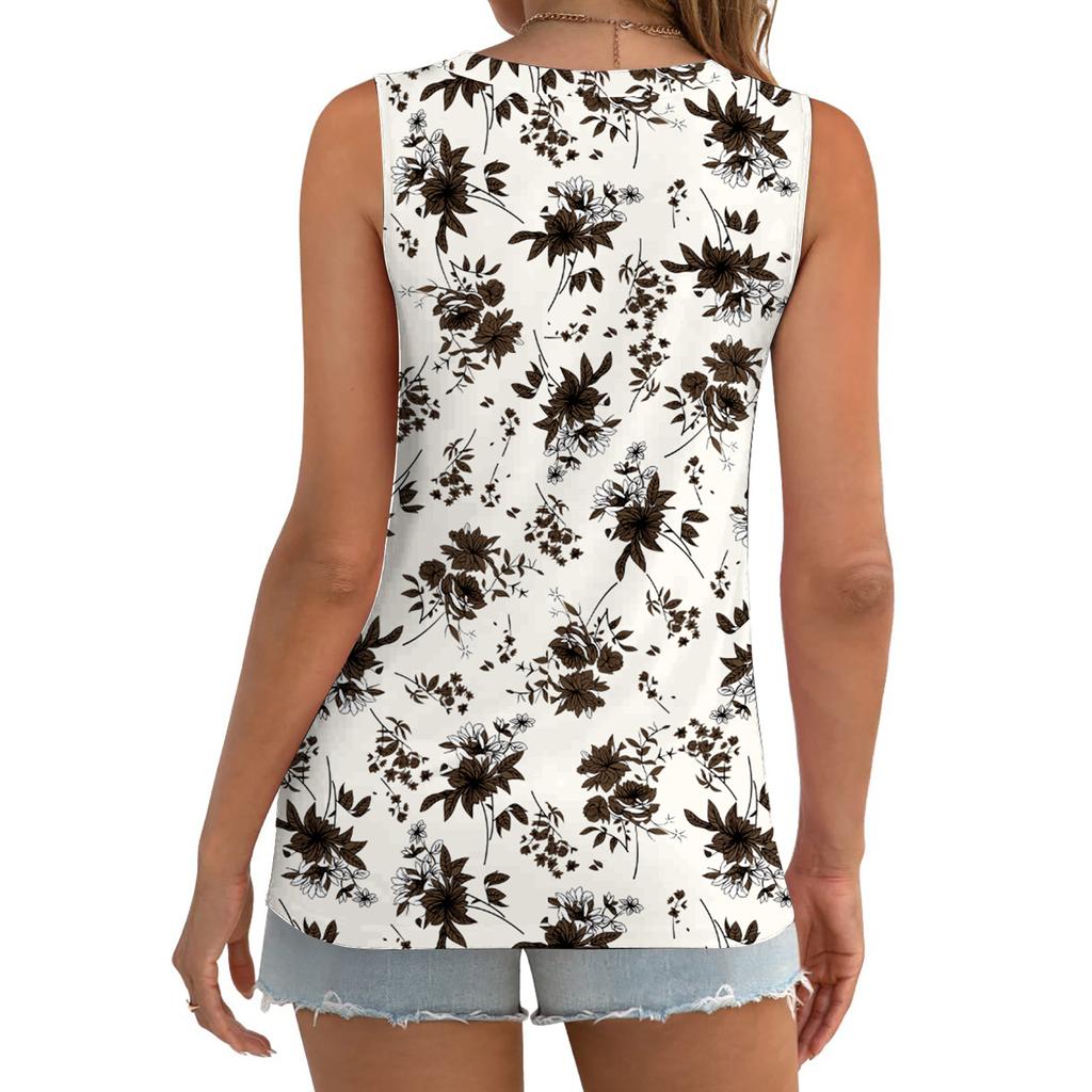 T-shirt estiva con stampa floreale per donna Top casual girocollo senza maniche gilet attorcigliato