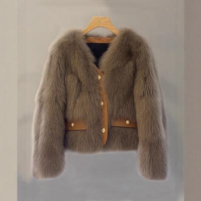 Women's V-Neck Cropped Faux Fur Jacket Button Up Warm Winter Outerwear