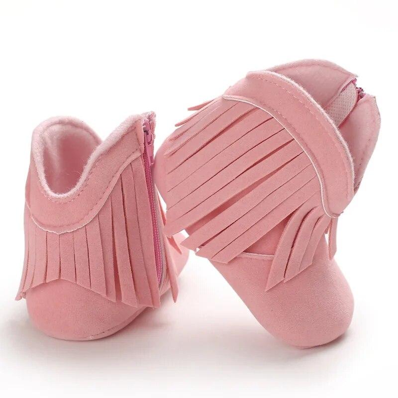 2023 Winter Säuglings Kleinkind Weiche Sohle Anti-slip Booties Neugeborenen Baby Junge Mädchen Fringe Solide PU Leder Krippe Gehen neue Weiche Schuhe