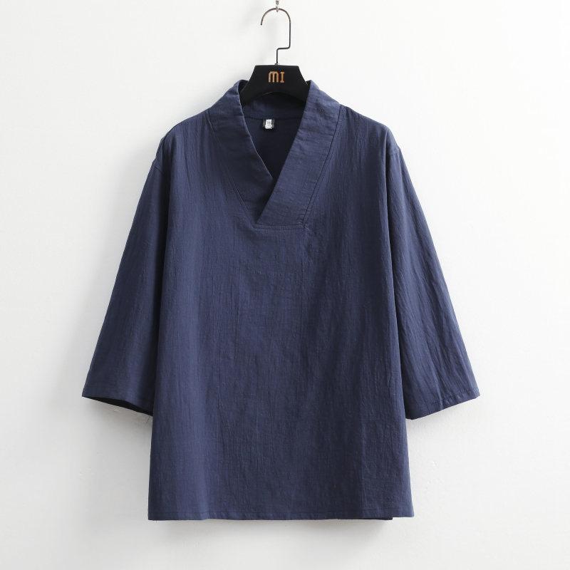 Mens Chinese Style Loose Cotton Linen Two Piece Set V Neck T Shirt Long Pants