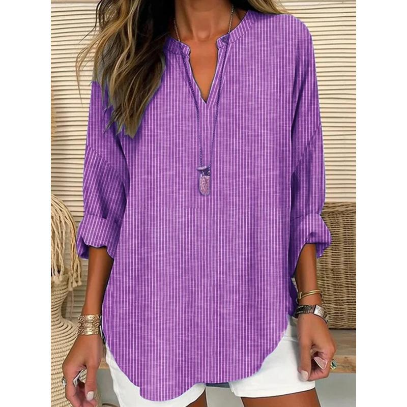 Women's Henley V Neck Long Sleeve Loose Solid Linen Blend Tunic Top Plus Size Casual Blouse