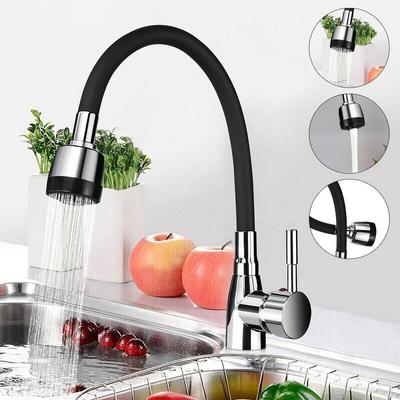 Grifo de lavabo de cocina de una sola manija negro cromado pulido grifo mezclador de agua fría y caliente giratorio 360 montado en cubierta Torneira