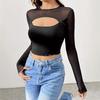 Sexy Chest Hollow Out Mesh Patchwork Long Sleeve Mini T Shirt Slim Top Women Fashion Daily Basic Office Lady Casual Slim Fit Ladies Elegant Top