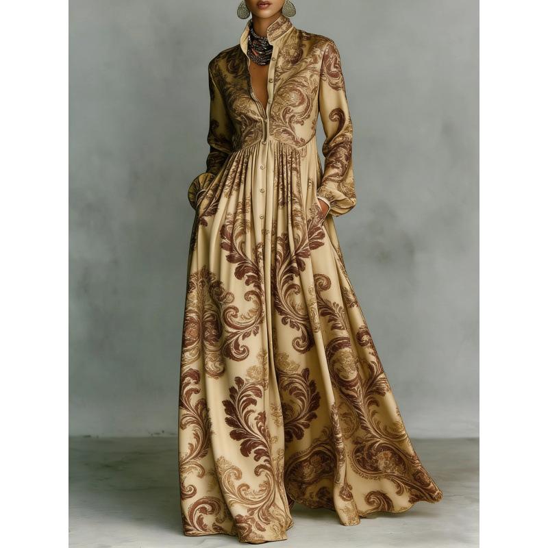 Women's Tiered Boho Maxi Dress Long Sleeve Button Front Lace Trim Loose Vacation Long Dress