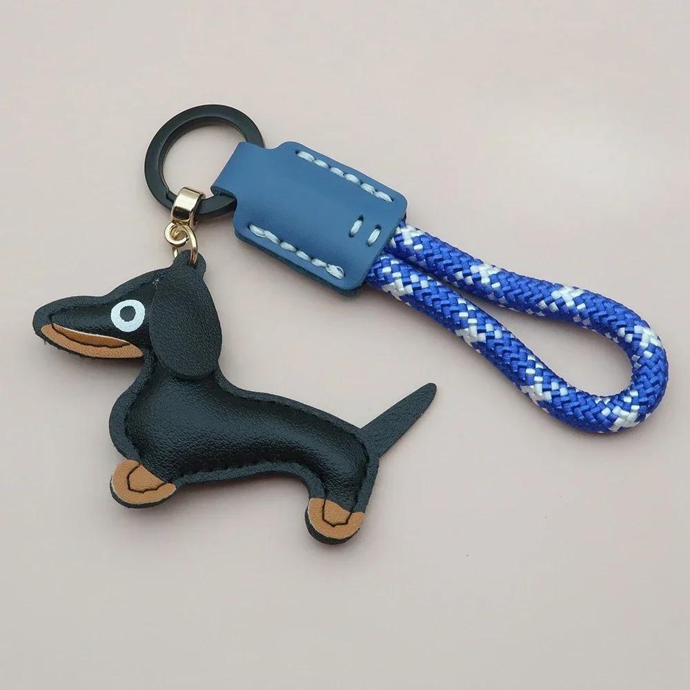 Custom Number Sausage Dog Leather Keychain Pendant Personalized Cartoon Keyring with Braid Rope Bag Car Key Ring