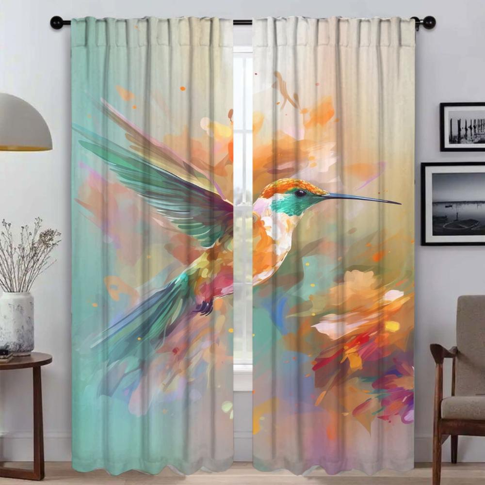 Set Of 2 Kitchen Curtains Camera Hummingbird Birds Living Room Partition Halloween Decoration Window Curtain Modern Made Polyester Sitting Treatment