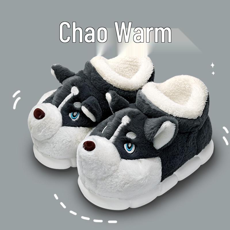 Men's Winter Cartoon Slippers - Plush Velvet, Non-Slip, Closed-Back Cotton Shoes