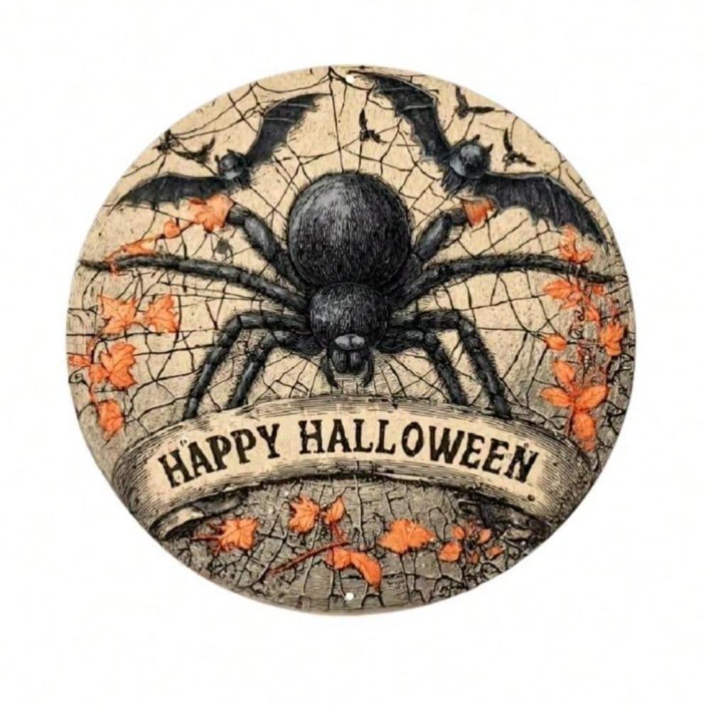 Iron Spider Web Wall Art with Bat Pumpkin Halloween Decor Metal Sign