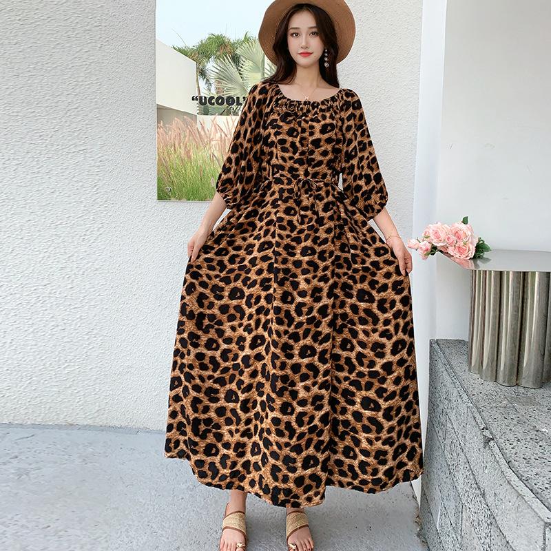 Fattened extra large size floral long-sleeved dress 100kg fat girl long dress one-word shoulder loose maternity dress