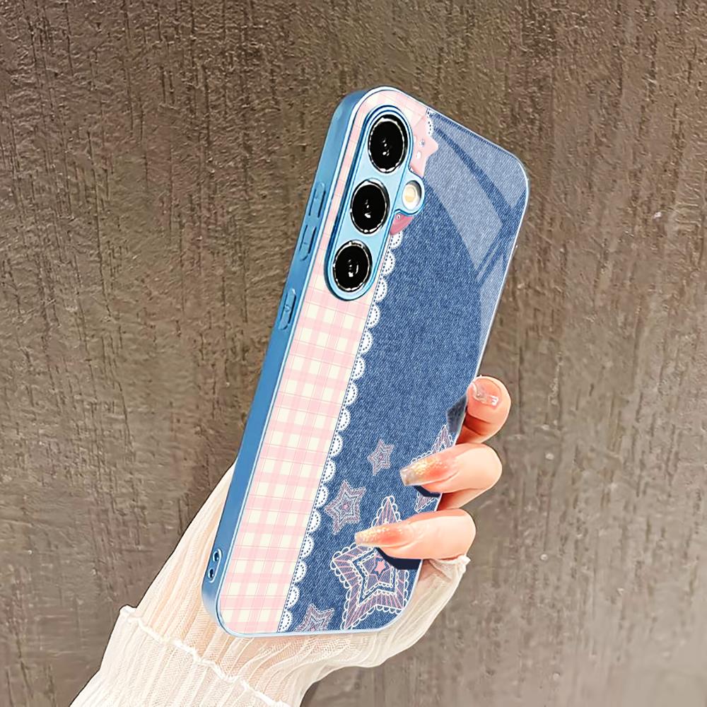 Pink and blue stars PhoneCase for Samsung Galaxy S26 S25 S24 S23 S22 FE Ultra Plus Built-in glass feel bare machine Men women
