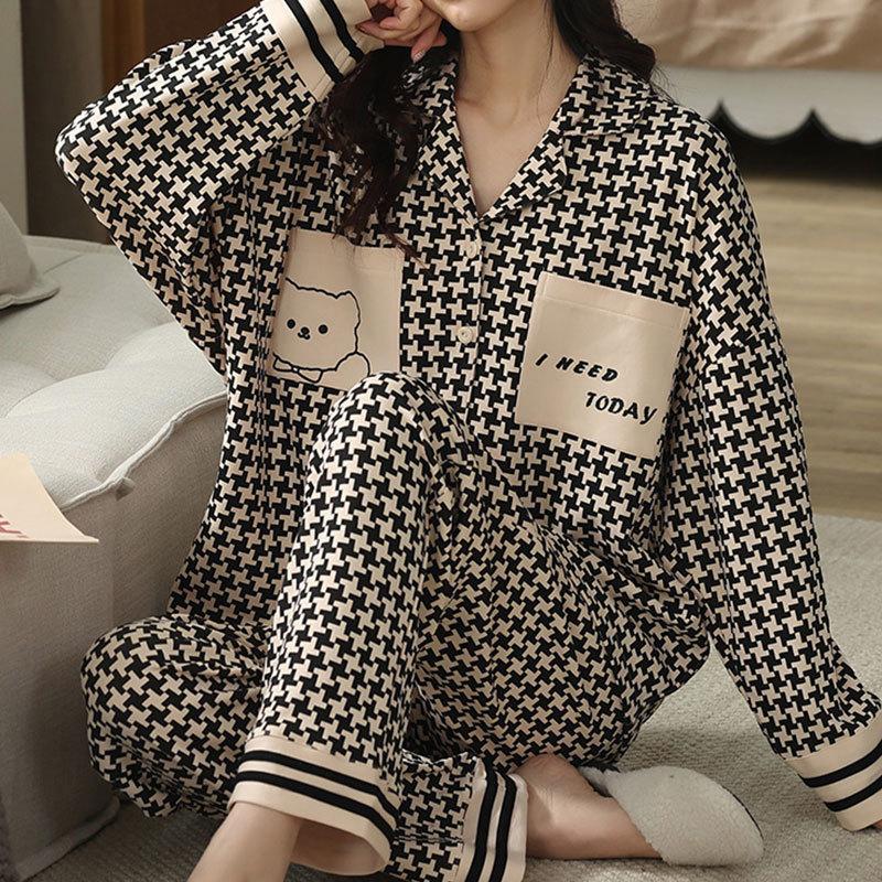 Pajamas women's spring and autumn imitation cotton high value fresh and sweet love women's long-sleeved trousers set loose loungewear