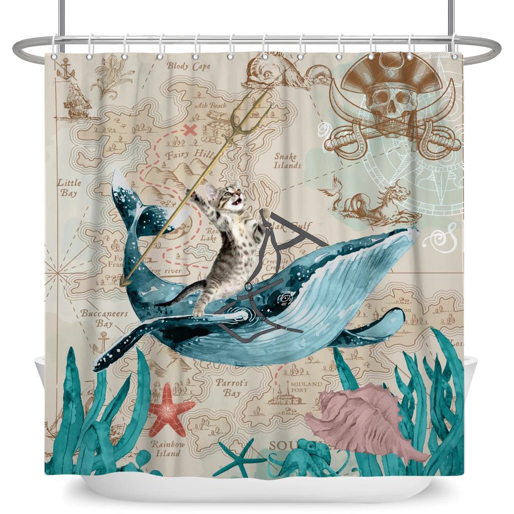 Hrdinský Velký bílý žralok s pistolí Kočka Vtipný sprchový závěs Pro kryt vany Kryt koupelny Koupání Extra velký Široký 12 ks háčků