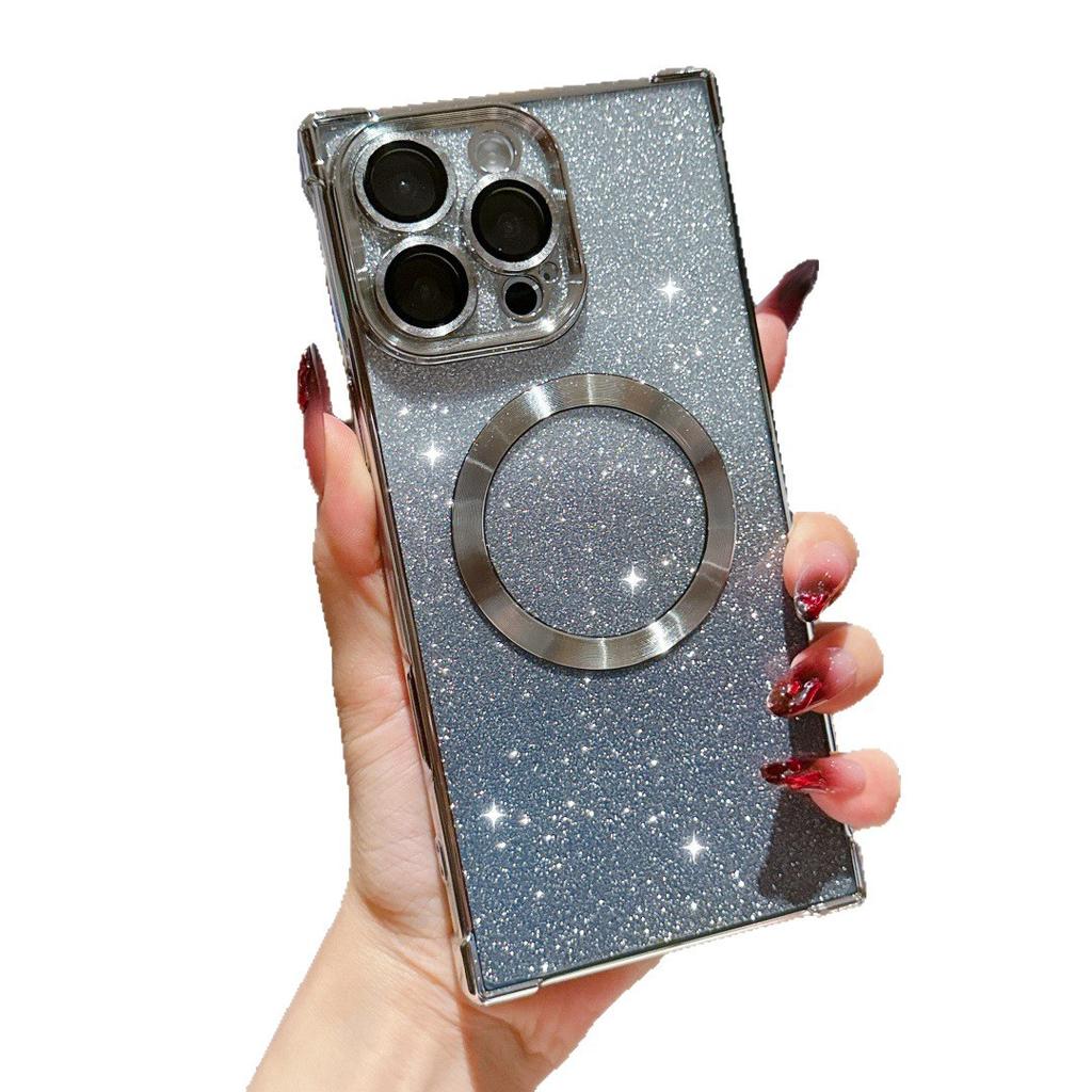 Electroplating right angle anti-drop magnetic glitter mobile phone case is suitable for Apple 16PRO advanced sense 14/13 protective cover fine hole