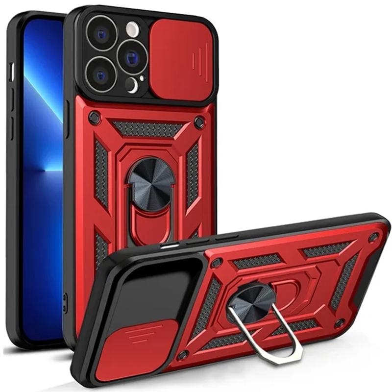 Slide Kamera Objektiv Rüstung Ring Telefon Fall Für iPhone 15 14 13 12 11 Pro Max X XR XS Max 7 8 14 15 Plus Stoßfest Harte PC Ständer Halter Abdeckung