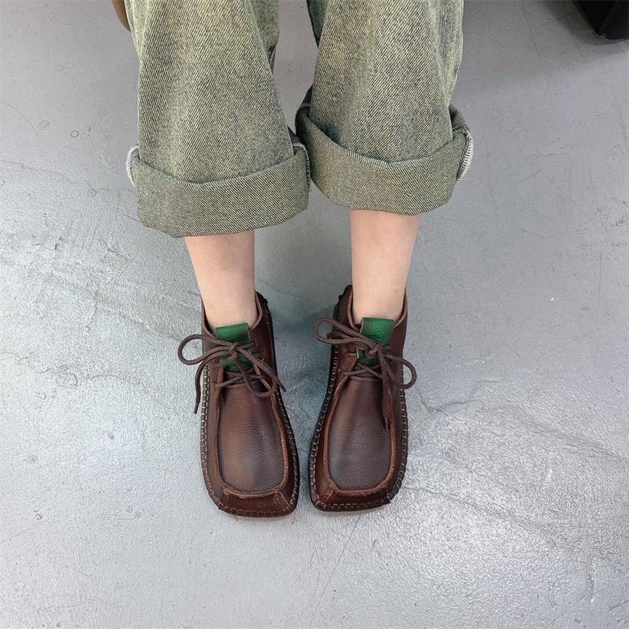 Johnature Square Toe Short Boots Genuine Leather Lace-up Retro Versatile Women Soft Sole Flat Shoes