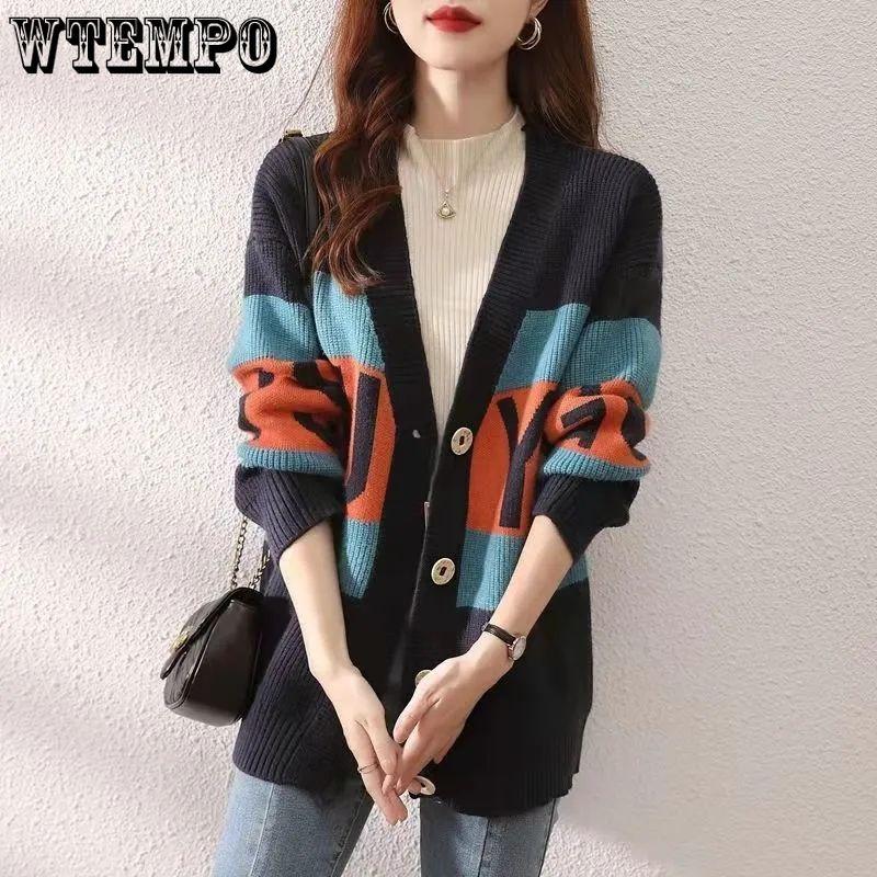 Fashionable Knitted Cardigan for Women Artistic Color-blocked Letter Sweater Cardigan Korean-style Loose Top Outerwear