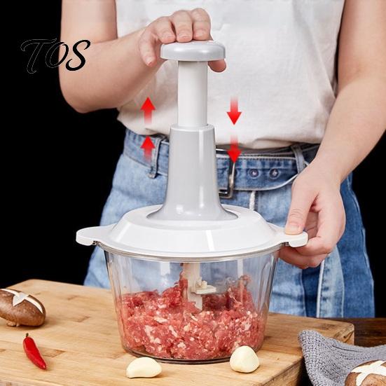 Household Kitchen Gadget Manual Food Chopper, Hand Press Garlic Mincer with 3D Stainless Steel Easy Prep Tool Blades, 1.5/2L Nuts Eggs Herb