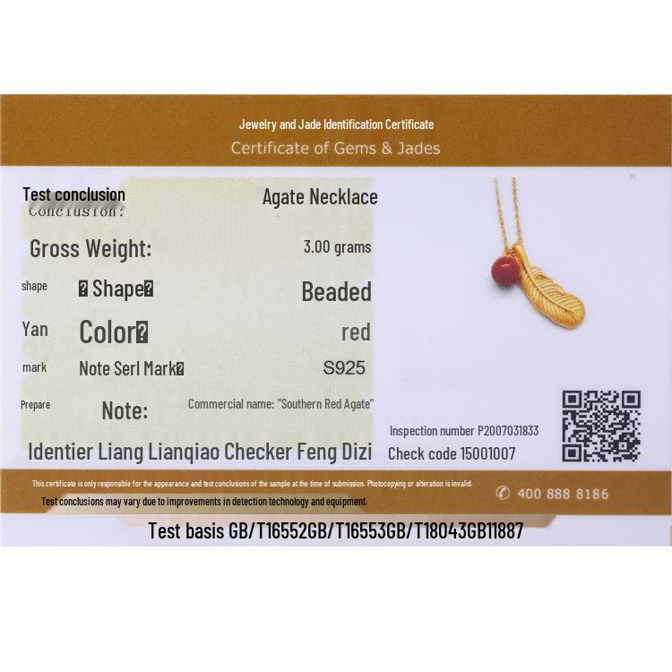 

Роскошное ретро-ожерелье: Подвеска из позолоченного серебра 925 пробы в виде пера с бусиной из южного красного агата и сертификатом 925 Silver