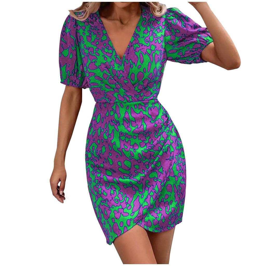 Damen Kurz Sommerkleider Lässig Bemalte Drucke Puffärmel Wickel V-Ausschnitt Kleid Hohe Taille Trendiger Druck Wickel Saum Strandkleid