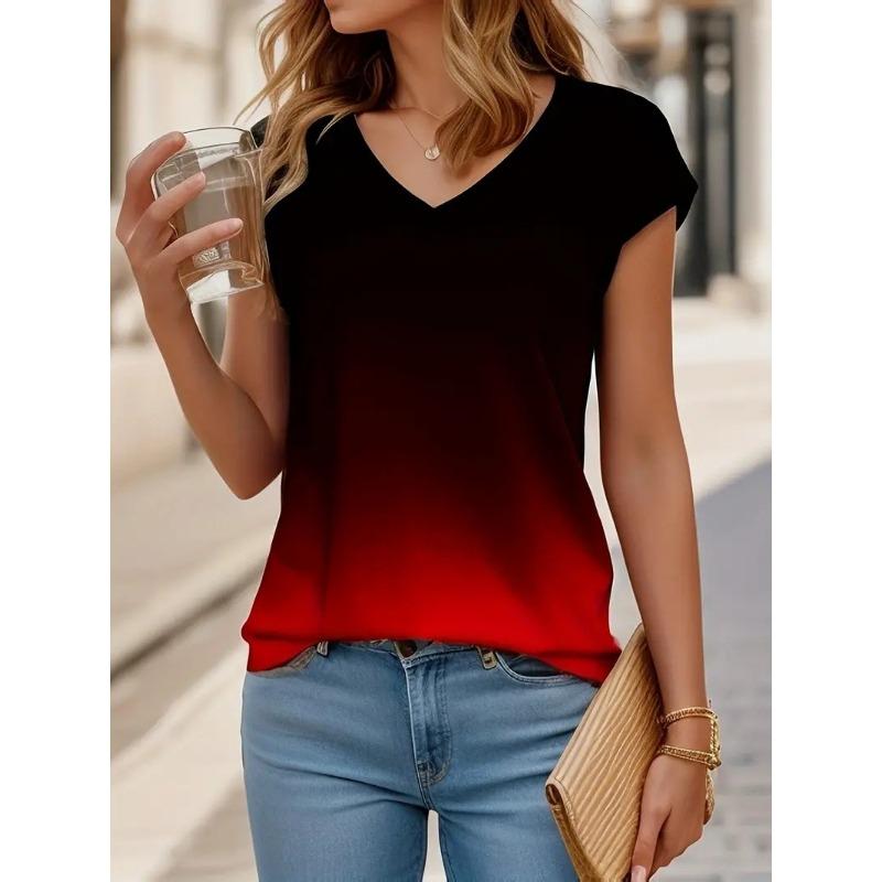 Summer Fashion Gradient 3D Print T-Shirts Women's V-Neck Short Sleeve T Shirt
