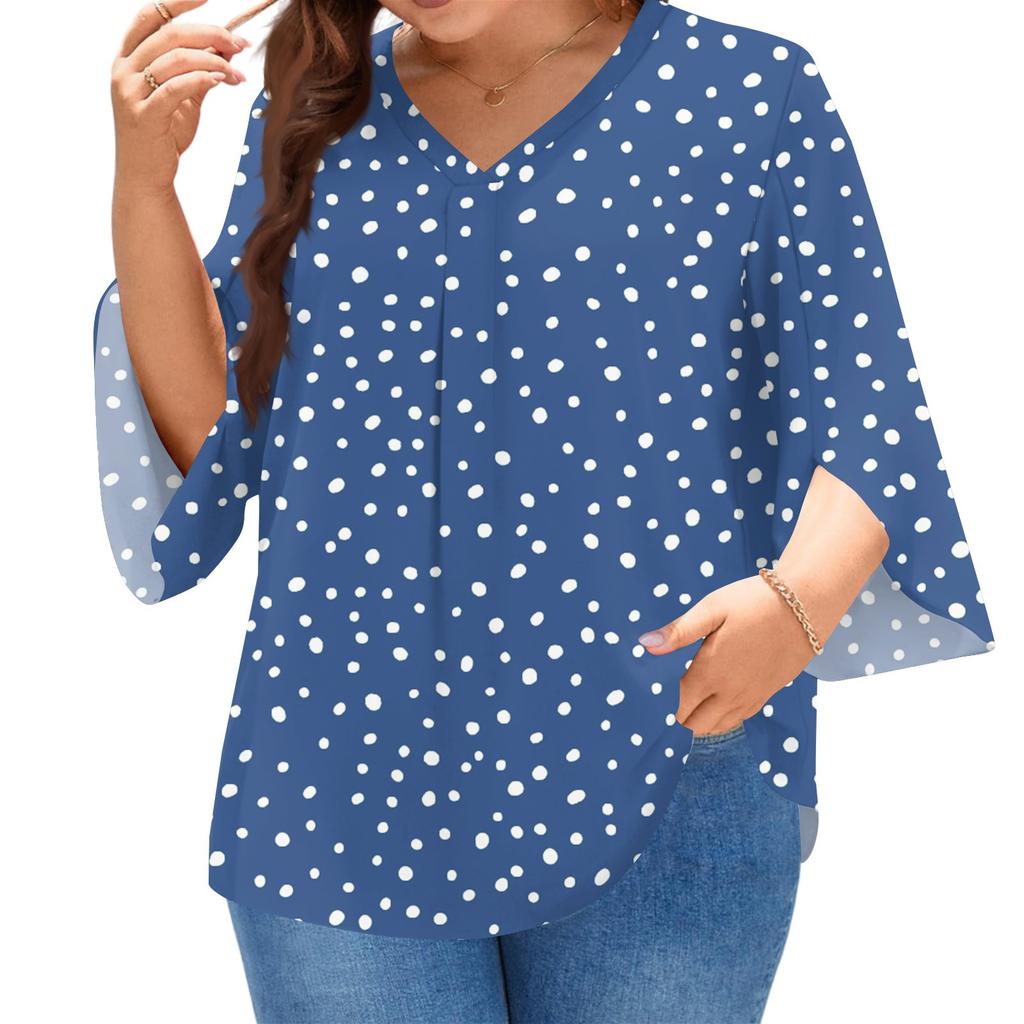 Women's Prined V-neck Plus Size Tops 3/4 Sleeves Elegant Shirt Tops