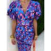 New European, American, Printed Casual V-neck Tight-fitting Hip-wrapped Waist Bubble Short-sleeved Dress
