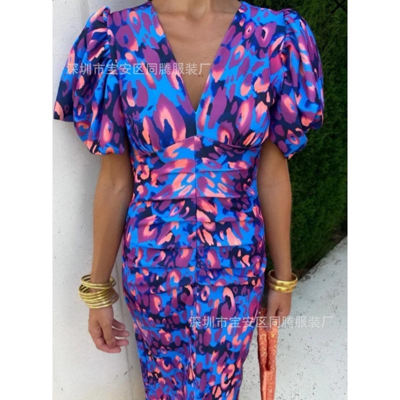New European, American, Printed Casual V-neck Tight-fitting Hip-wrapped Waist Bubble Short-sleeved Dress