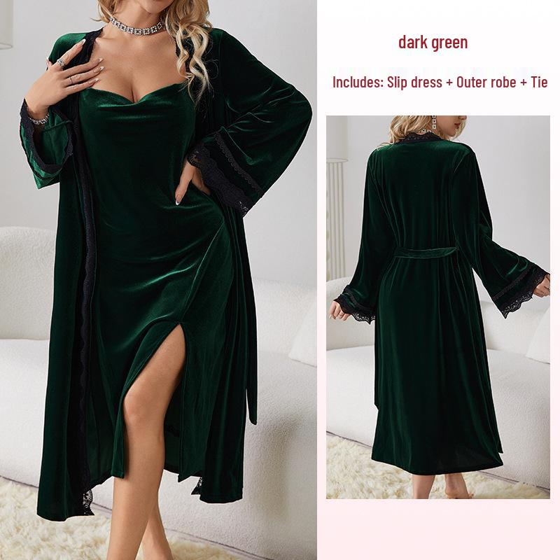 Fiyun Elegant Velvet Nightgown with Sexy Slit and Backless Design - European & American Style Home Set 651
