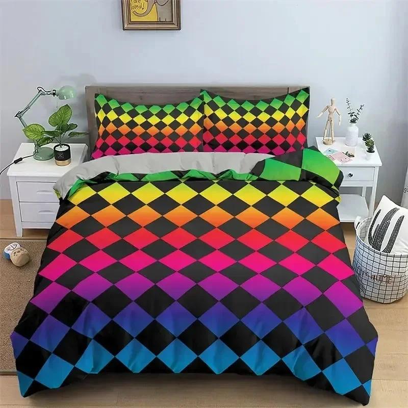 Top Abstract Geometric Duvet Cover Microfiber Queen Bedding Set Boys Kids Room Rainbow Plaid Print Quilt Cover With Pillowcase