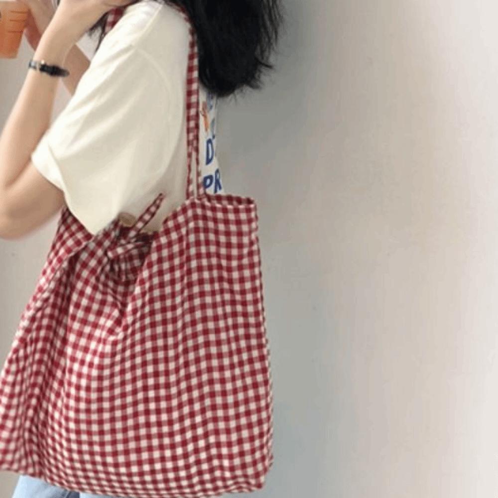 Cloth Printed Shoulder Bag Print Handbag Simple Grid Pattern Canvas Bag  Women