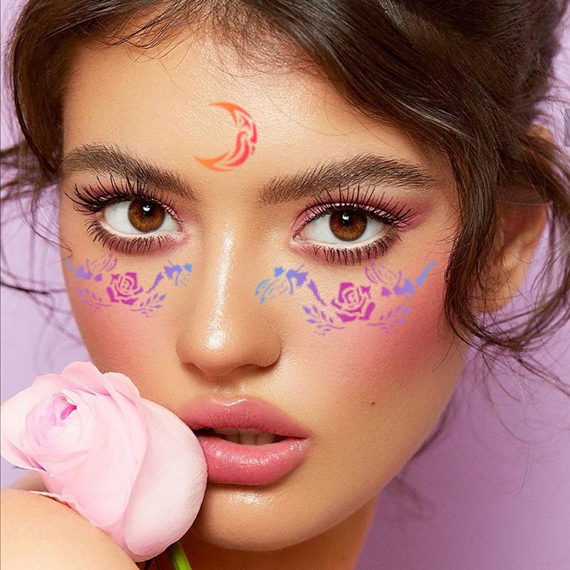 8Pcs Face Painting Tattoo Stencil Set Reusable Hollowed Art Paint Stencils Diy Spray Painting Eyebrow Tattoo Template Cosplay