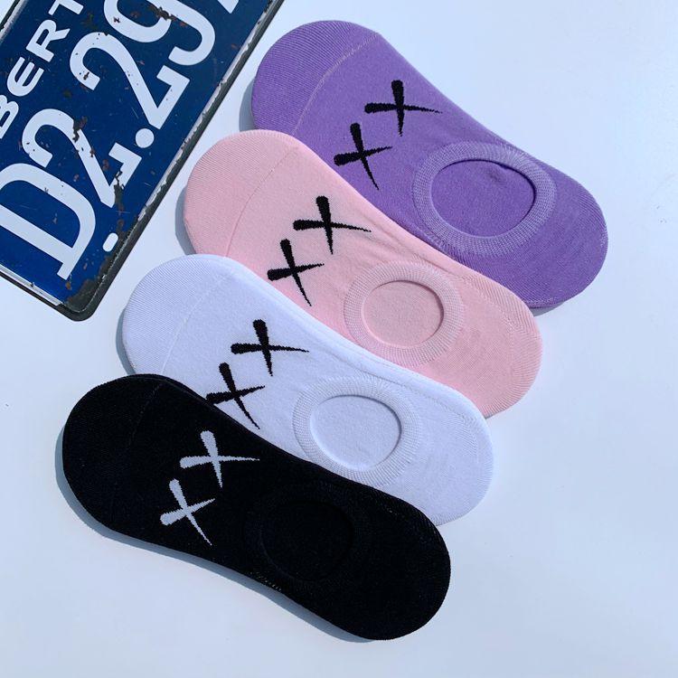 5 Pairs of Men and Women Shallow Socks Spring and Summer Tide College Style Creative Leisure Short Purple White Rubber Cotton Socks Wholesale