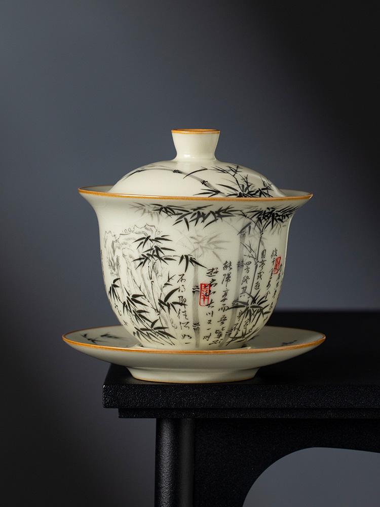 160ML Black Bamboo Ru Kiln Porcelain Gaiwan Set For Tea Tureen Teaware Cup Chinese Yellow Ceramic Opening Tea Bowls Tea Ceremony